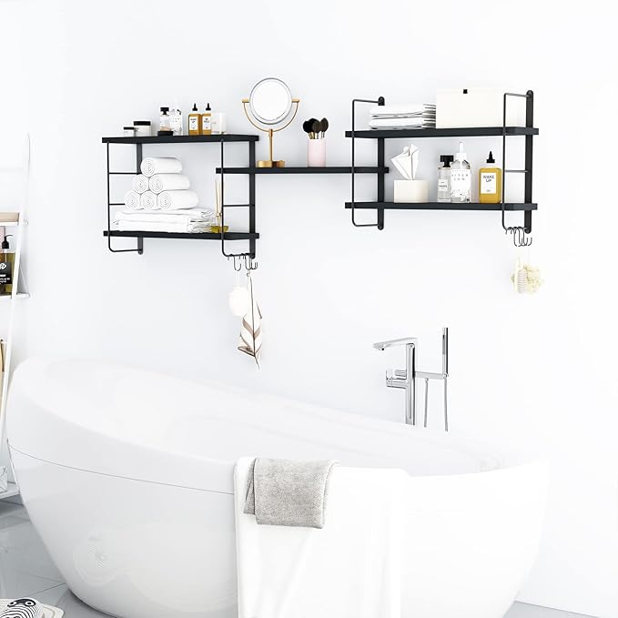 Wall Mounted Floating Shelves, Wall Shelves, Rustic Wall Decor Wood Shelves for Bedroom, Living Room, Bathroom and Kitchen Storage, Easy Installation (5, Black)