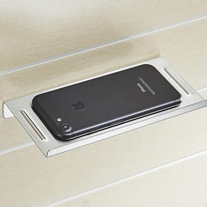 Aothpher Wall Mounted Carbon Steel Bathroom Toilet Phone Holder Shelf, Anti-Slip Style and Silver Brushed Finish