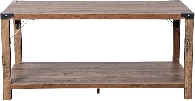 Flash Furniture Wyatt Modern Farmhouse 2 Tier Coffee Table - Rustic Oak Engineered Wood Frame - Black Metal Crisscross Side Braces and Corner Accents