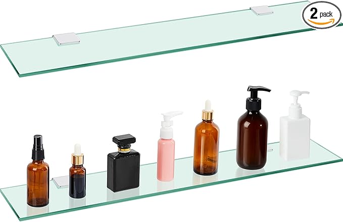 Tatuo 2 Pieces Bathroom Shelf Tempered Glass Shelf for Bathroom, 304 Stainless Steel Wall Mount Floating Glass Shelves (23.6 Inch)