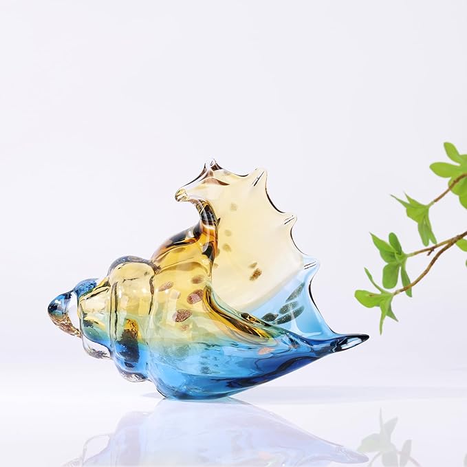 DOVDOV Hand Blown Glass Conch Statues, Blue and Amber Glass Art Figurines, Conch Shells for Coastal Home Decor, Living Room TV Stand and Bookcase Decor, Bathroom Shelf Tops and Cabinet Decor.