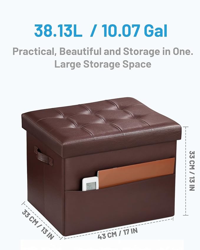 Storage Ottoman Foot Rest Stool, Small Leather Storage Ottomans Bench, Folding Foot Stool with Handles Lid, Foot Rest Under Desk for Living Room Bedroom, 17x13x13 in, Brown