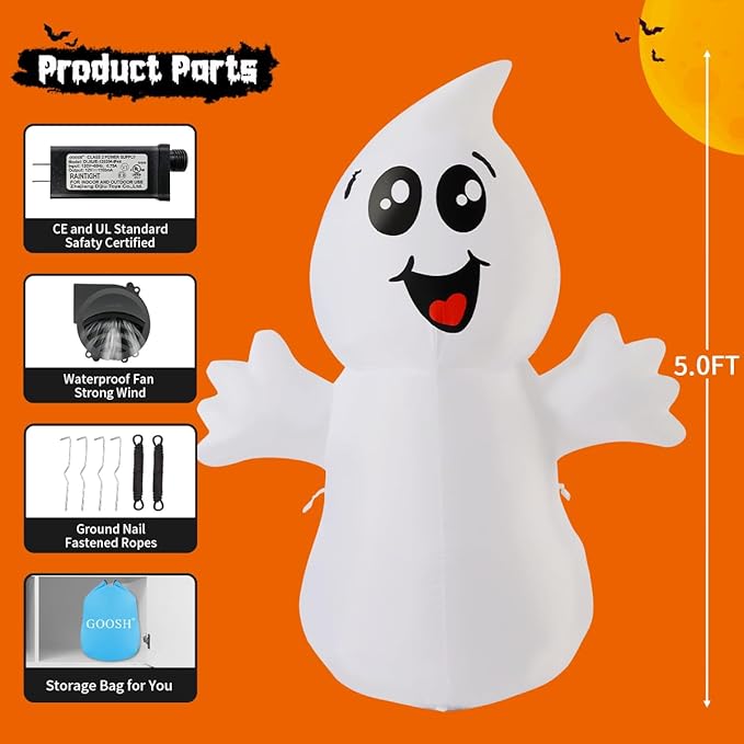 GOOSH 5 FT Halloween Inflatable Ghost Outdoor Decoration with Magic Light, Blow Up Yard Decoration with Built-in LEDs for Garden Lawn Indoor Party Holiday Decor