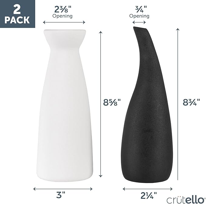 Crutello Ceramic Vase Set, Black and White Vase, Black Vases Home Decor, White and Black Ceramic Vase, Midcentury Modern Decor for Home, Mantles, Bud Flowers, Bookshelves, Tables, Entryways