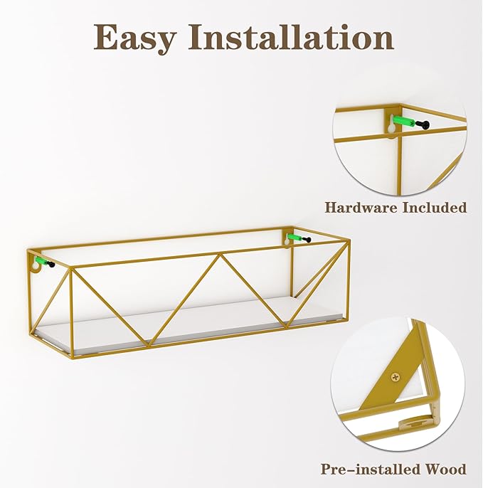 CRUGLA Gold Floating Shelves Wall Mounted Set of 5, Hanging Storage Floating Shelf for Bathroom, Kitchen, Bedroom, Living Room