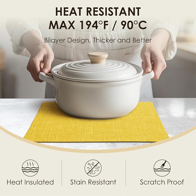 Placemats Set of 6, Bilayer Thickened Linen Place Mats Heat Resistant Machine Washable Wrinkle Free Carefully Selected Polyester Mats for Kitchen/Dining/Coffee Table (Yellow)