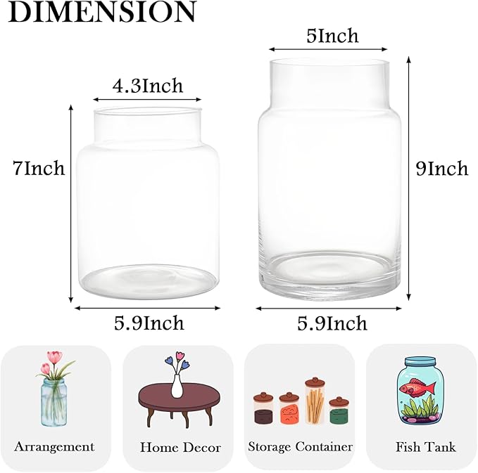 Large Glass Vase, Clear Glass Vase Set of 2, Large Flower Vases for Bouquet, Tall Wide Mouth Vases for Flowers, Home, Wedding, Living Room, Office Decor, 7"+9"