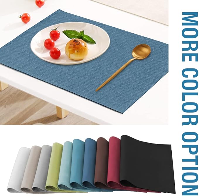 H.VERSAILTEX Linen Placemats Set of 6 Premium Solid Table Mats for Dining Table Spill-Proof Waterproof Heat-Resistant Kitchen Mats Washable, 12x18 inches, Ink Blue