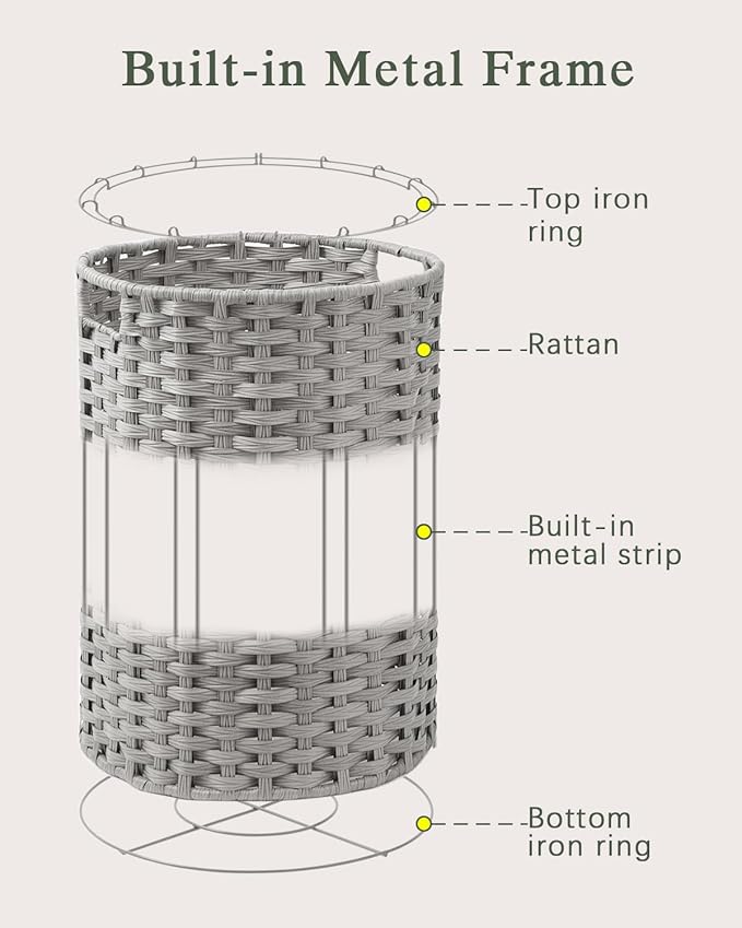 Large Laundry Hamper Laundry Basket Round 34.3 Gal (130 L) Handwoven Wicker Laundry Baskets Rattan Laundry Basket with Removable Bag Handles 2 Mesh Bags for Living Room Bedroom Gray