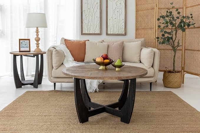 Rustic Farmhouse Coffee Table with Crisscross Base, French Country Accent Table for Family, Dinning or Living Room, Modern, Round
