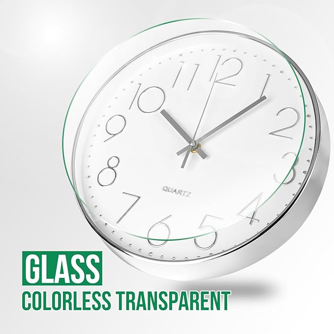 Wall Clock 12 Inch Non-Ticking Silent Modern Simple Style Round Decor Clock Silver Stereoscopic Dial Quartz Wall Clocks for Home/Office/School/Living Room/Bedroom/Kitchen