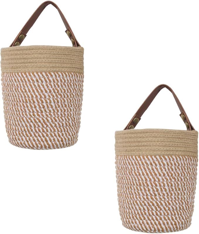 Hanging Basket(2Piece) Wall Woven Cotton Rope Storage Basket with Leather Decorative Baskets Organizer for Kitchen Office Bedroom,Plants,Towels, Toys Khaki