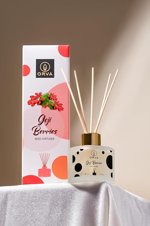 Orva Goji Berries Reed Diffuser Set Scented Diffuser with Sticks Home Fragrance Reed Diffuser for Bedroom Home Décor Shelf Decor Decorative Air Freshener for Large Rooms 100ml