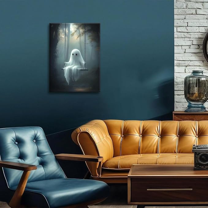 ILLBDR Cute Ghost Canvas Wall Art Halloween Decor Vintage Painting, Spooky Silhouette Ghost Haunted House Art, Bedroom Gothic Decor Ready to Hang, 12x16 Inch Framed