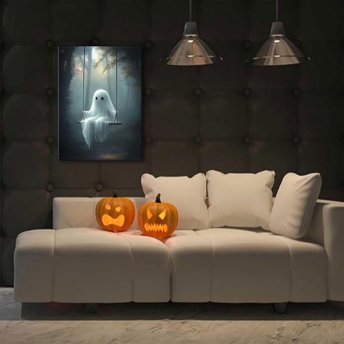 ILLBDR Cute Ghost Canvas Wall Art Halloween Decor Vintage Painting, Spooky Silhouette Ghost Haunted House Art, Bedroom Gothic Decor Ready to Hang, 12x16 Inch Framed