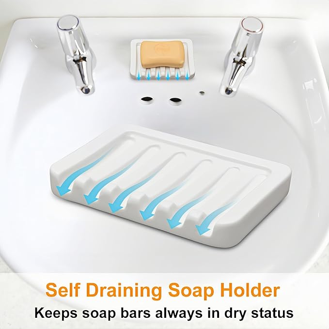 Self Draining Soap Dish, Ceramic Soap Holder for Shower, Vonpri Waterfall Bar Soap Case Saver Tray Sponge Organizer Keep Dry for Bathroom Kitchen Counter Sink (1, White)