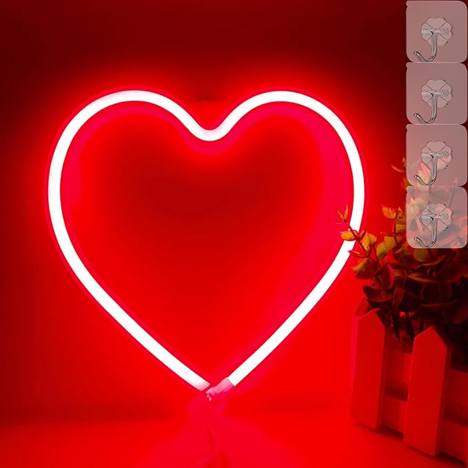 Neon Heart Sign, Red Led Sign Light for Bedroom, Hanging Lamp for Wall Decor, USB/Battery Operated