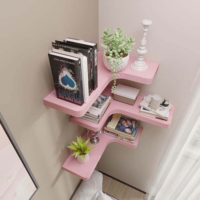 SAUMONIERES Corner Floating Shelves 24 Inch Wall Mount Shelf Solid Wood for Bedroom Bathroom Kitchen Storage Set of 2, Pink
