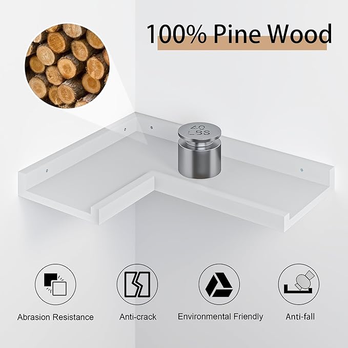 4 Tier Corner Wall Shelf, Floating Shelves with Lip, White Modern Corner Shelves Wall Mounted, Solid Pine Wood L Shaped Shelf for Living Room, Bedroom, Bathroom, Home Storage