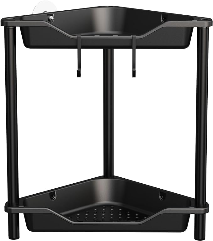 Orimade Rustproof 2 Tier Floor Standing Corner Shower Caddy Organizer, Plastic Metal Splicing Floor Corner Shelf Rack Stands for Bathroom, Black