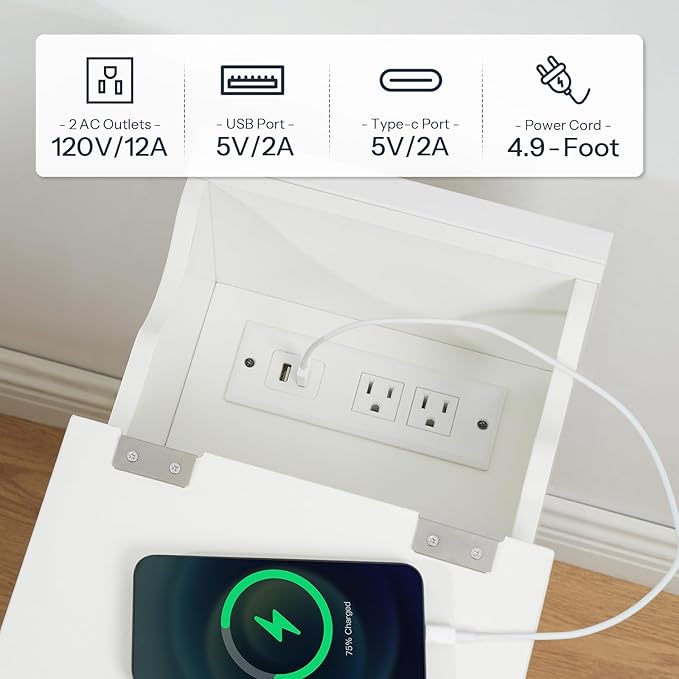HOOBRO End Table with Charging Station, Narrow Side Table, Flip Top Nightstand with USB Ports and Outlets, Bedside Tables with Shelf for Small Spaces, Living Room, White WT341BZ01