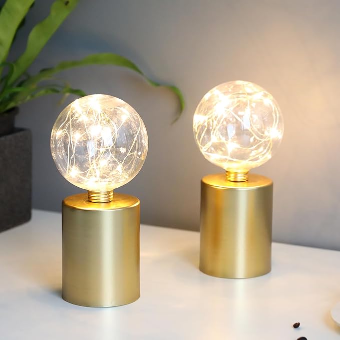 JHY DESIGN Set of 2 Gold Table Lamp Battery Powered 8''Tall Cordless Lamp Light Battery Operated Great for Living Room Bedroom Weddings Parties Indoors Outdoors