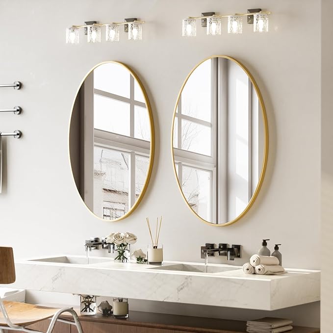 Gold Oval Bathroom Mirror, 20 x 28 inch Modern Oval Wall Mounted Vanity Mirror with Tempered Glass Hanging Horizontally or Vertically, Gold