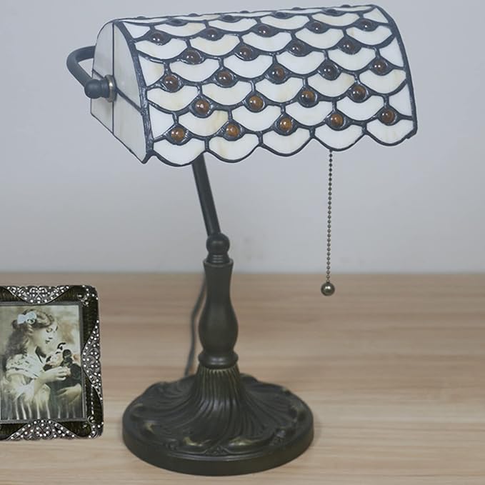 Tiffany Style Bankers Table Lamp Stained Glass Piano Desk Lamp Vintage Bedroom Bedside Lamp for Study,Antique Alloy Base,Zipper Switch,Green c