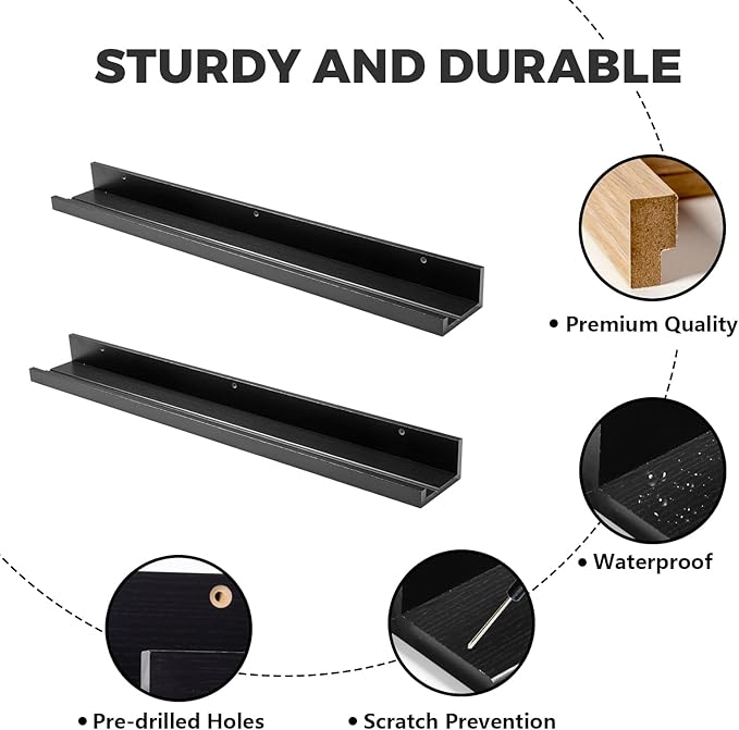 Muzilife 35.4" Large Floating Wall Ledge Shelves with Lip - Set of 2 Wood Floating Shelves - Black Wall Mounted Picture Ledge for Office, Bathroom, Bedroom, Living Room, Kitchen