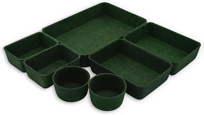 Welaxy quiet luxury Drawer organizer trays felt storage bin divider boxes office home interior cozy decor entryway catchall key holder makeup pens decluttering 7-piece gift idea (Forest Green)