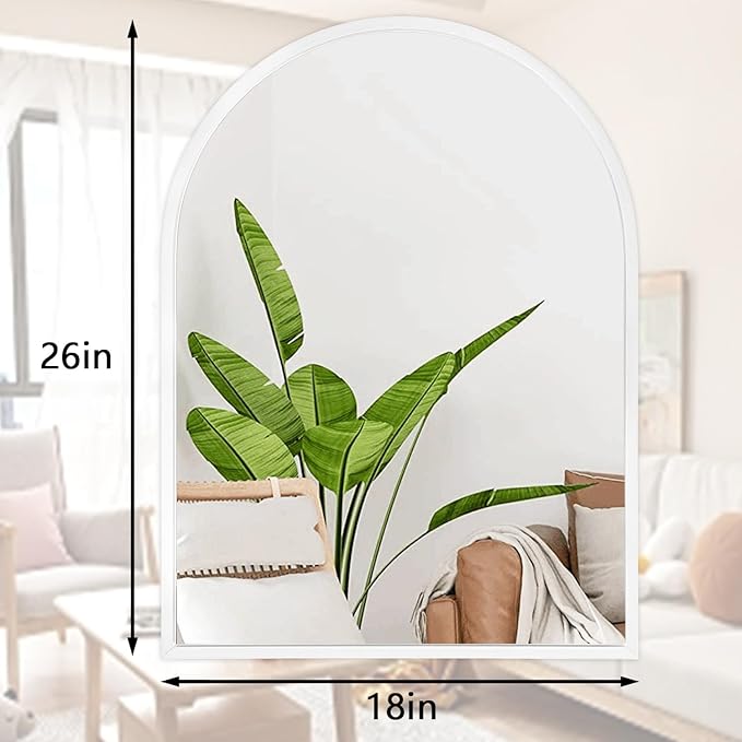 Arch Wall Mirror Bathroom Mirror White Metal Framed Mirror, Arched Metal Wall Mounted Vanity Mirror for Bedroom, Entryway, Living Room 26"x18"