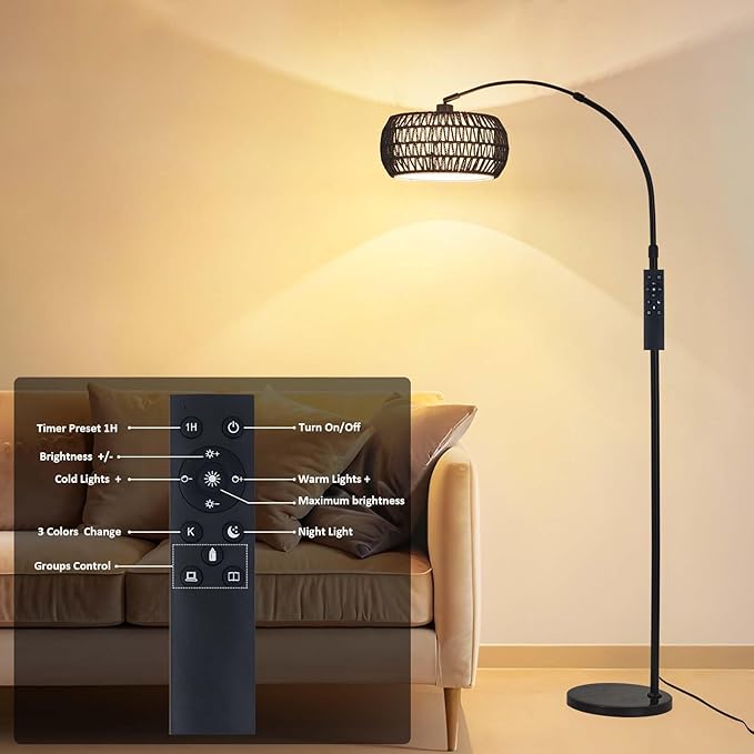 Arc Floor Lamp with Remote App Control Natural Rattan 100% Hand-Woven Dimmable Boho Rattan Floor Lamps with 3 Color Temperature Floor Lamps for Living Room Bedroom Offices(Black)