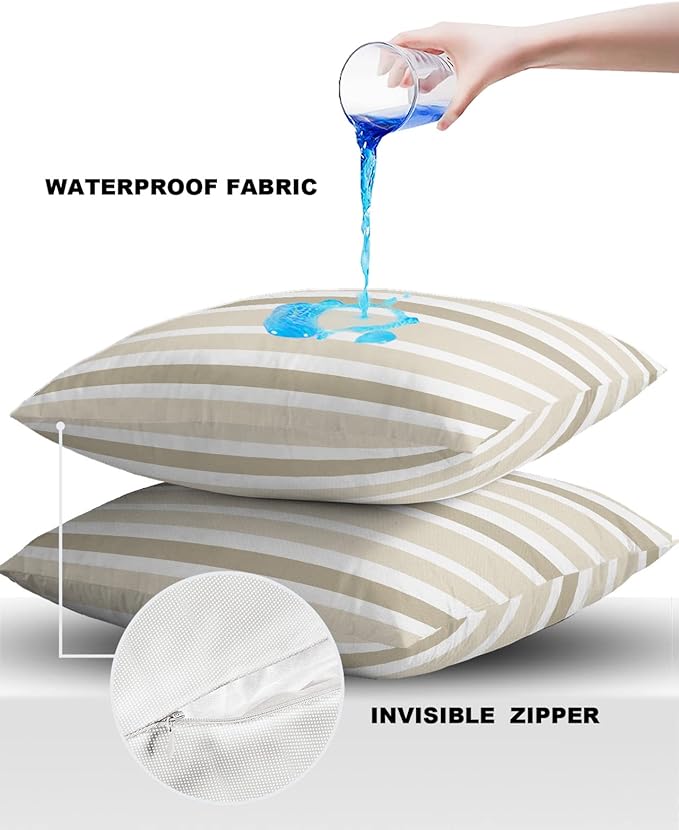 Outdoor Waterproof Throw Pillow Covers Set of 2 Khaki Beige Stripes Decorative Outdoor Pillows Cushion Case 26x26 Inch Classic Striped Patio Pillows for Couch Sofa Bed Garden Office Home Decor