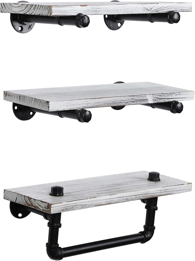MyGift Wall Mounted White Washed Solid Wood Floating Shelf Organizer, 3 Piece Set Mounted Bathroom Display Shelf with Towel Bar and Industrial Metal Pipe Brackets
