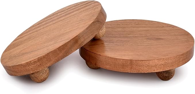 NIRMAN Display Stand Round Acacia Wood Stand for Display Wooden Stand for Kitchen/Bathroom Counter/Plant Stand (5.5" x 5.5" x 1.5"), (Set of 2)