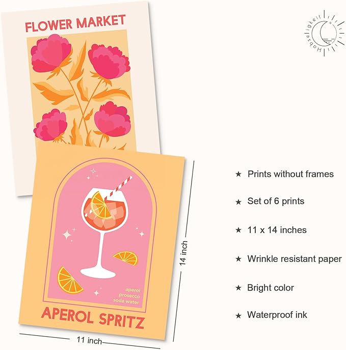 Habseligkeit Flower Market Wall Art Posters for Room Decor Aesthetic, Pink Wall Decor, Warm Matisse Home Decor for Girls Dorm, Unframed, 11x14in, Set of 6
