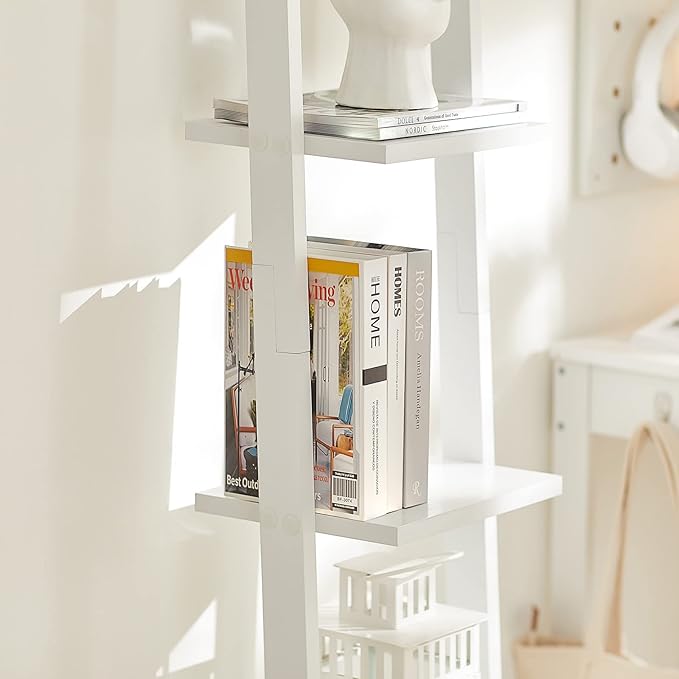Haotian Ladder Shelves, 4-Tier Storage Display Organizer Rack, Wall-Leaning Bookshelf, Wooden Wall Shelf for Bathroom Living Room Study Room, White FRG15-W