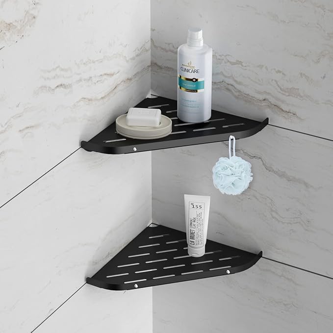 Corner Shower Shelf, 9" Corner Shower Caddy, SUS304 Stainless Steel Shower Organizer Wall Mount Corner Shelf with 2 Hooks for Bathroom, Dorm and Kitchen, Matte Black (2 Pack)