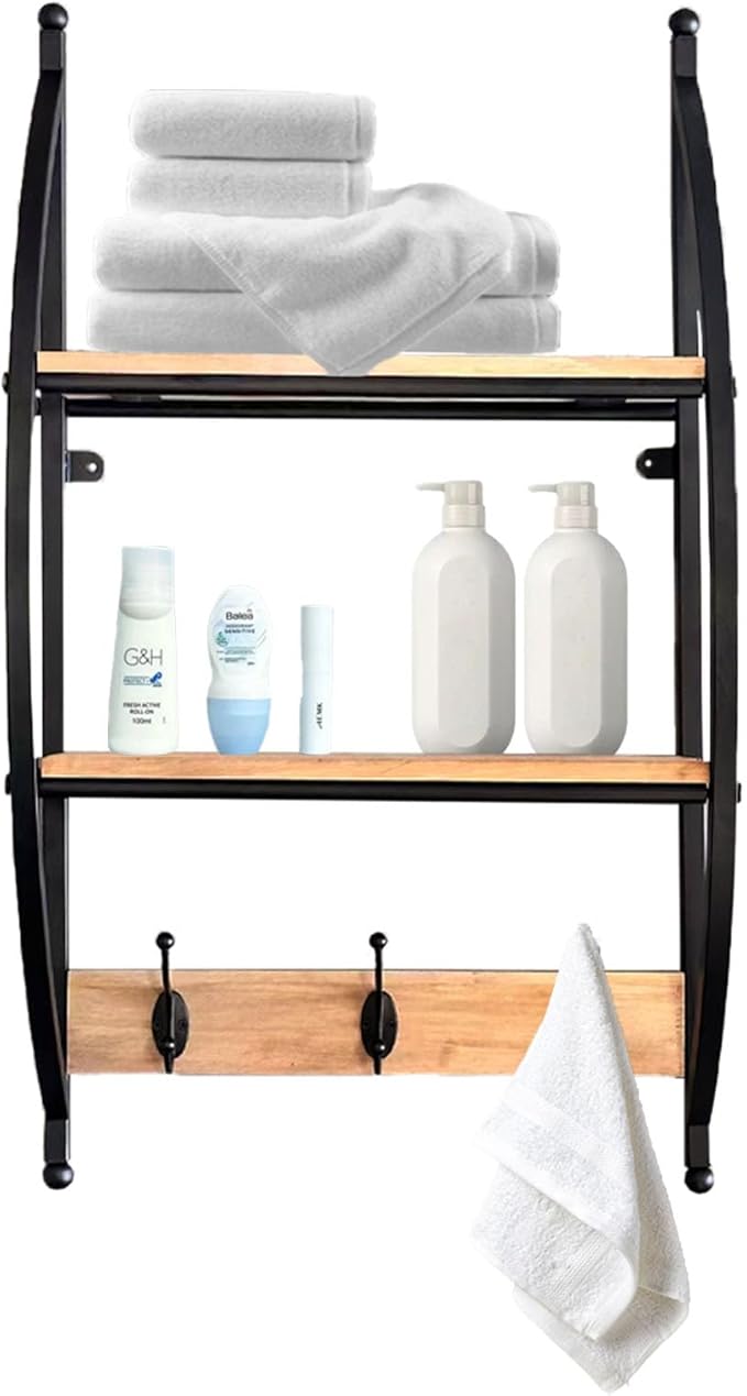 AGILE&KEEN Wall Mounted Bathroom Shelf, 2-Tier Wood and Iron Storage Rack with Hooks, Black Metal Frame 16" W X 7" D X 29" H