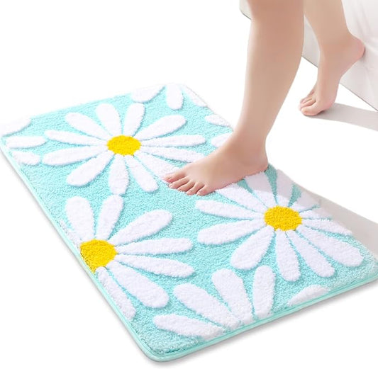 QJHOMO Green Bathroom Rug Cute Daisy Bath Mat White and Yellow Flower Decor Rugs Non Slip Floor Carpet Microfiber Bathmat Super Absorbent Machine Washable Bathtub Mats for Shower (16x24 inch)