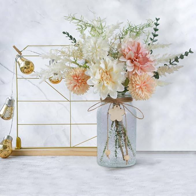 Silk Flowers with Vase, Artificial Flowers Arrangement with Glass Vase Faux Dahlia for Decoration Table Centerpiece (Dahlia White Pink)