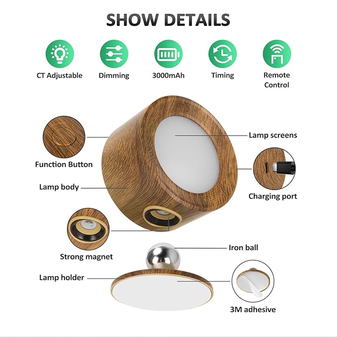 LED Wall Lights with Remote, 3 Pcs Rechargeable Wall Mounted Reading Sconces Lamp 3000mAh, 3 Colors & Dimmable Magnetic 360° Rotation Cordless Wall Lighting Spotlights for Bedroom Bedside Hallway