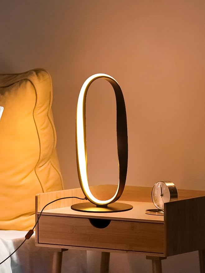 NUÜR Circle LED Table Lamp, 3 Color Temperatures Bedside Lamp for Living Room, Stepless Dimmable Bedside Table Lamp, Black Unique Nightstand Lamp for Bedroom, Home, Office