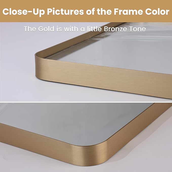 LOAAO 72”X36” Gold Bathroom Mirror, Rounded Rectangle Gold Frame Mirror, Brushed Gold Bathroom Vanity Mirror Wall-Mounted, Anti-Rust, Tempered Glass, Hangs Horizontally or Vertically