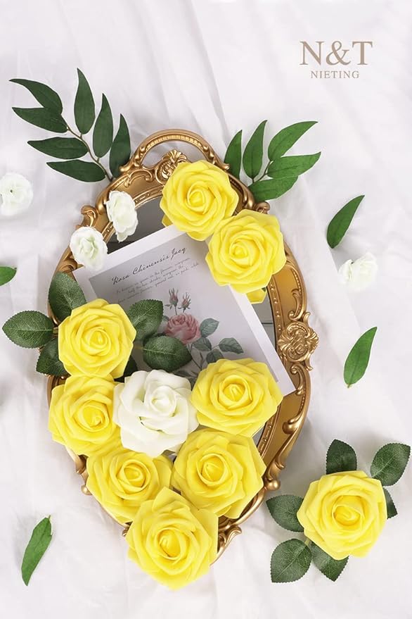 N&T NIETING Artificial Flowers Yellow Roses, 50 Pcs Fake Flowers Foam Roses Perfect for DIY Wedding Bouquets Centerpieces Bridal Baby Shower Party Home Flower Arrangement Spring Decorations