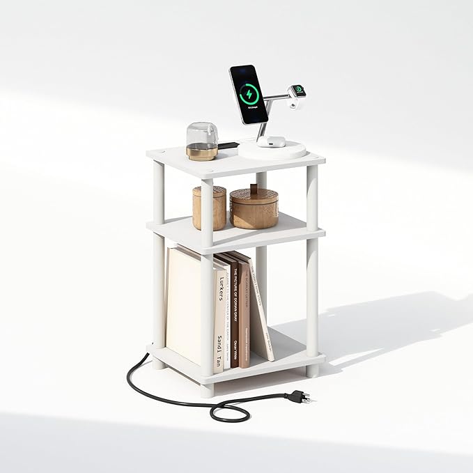 Furinno Just 3-Tier Turn-N-Tube Open Storage Nighstand, Bedside Table with USB and Type-C Charging Station, White/White