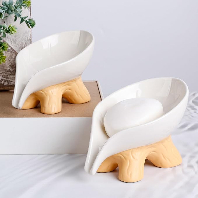 Soap Dish, Soap Holder Self Draining Leaf Shape Soap Dishes, Ceramic Draining Soap Dish for Bathroom Shower, White Farmhouse Soap Holder with Stump, ANTIS'S HOME