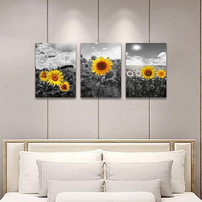 Large size Canvas Wall Art for Living Room family Bedroom wall painting Decoration,Bathroom Wall Decor kitchen Home Decoration Black and white sunflower flowerswall pictures artwork,16x24 3 piece