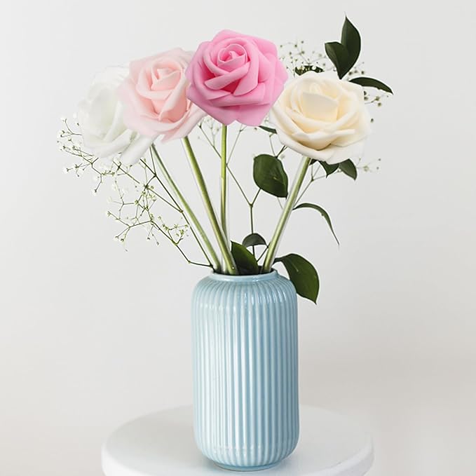 Artificial Flowers Pink Roses Real Looking Foam Fake Roses with Leaves and for DIY Wedding Bouquets Bridal Shower Centerpieces Party Decorations (Pink Series, 100)