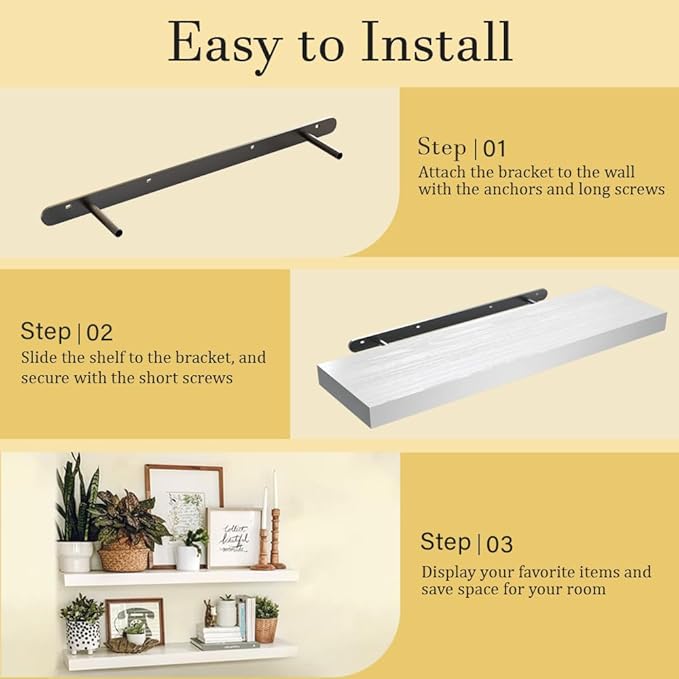 Habudda Floating Shelves, Natural Wall Shelf, White Wooden Rustic Decor for Bathroom Kitchen Bedroom, 17 Inches Hanging Mounted Invisible Bracket, 2 Set